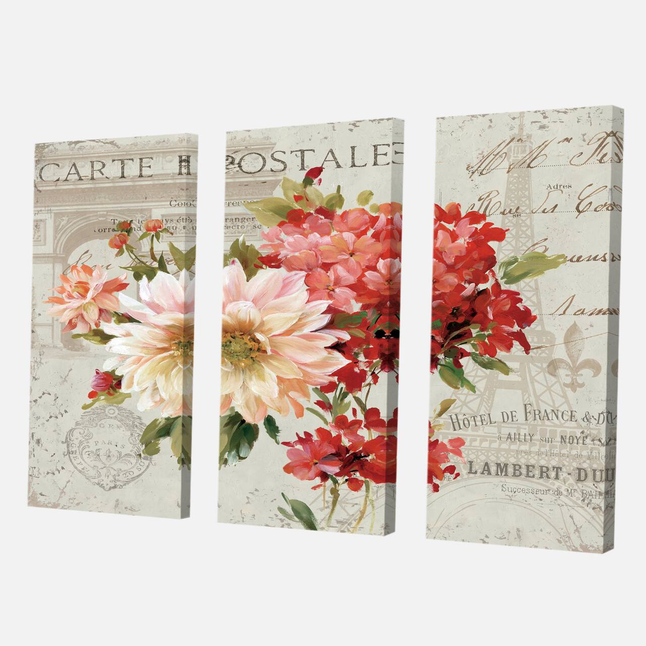 Designart - Red Painted Flowers on Vintage Postcard III - Farmhouse Canvas Artwork